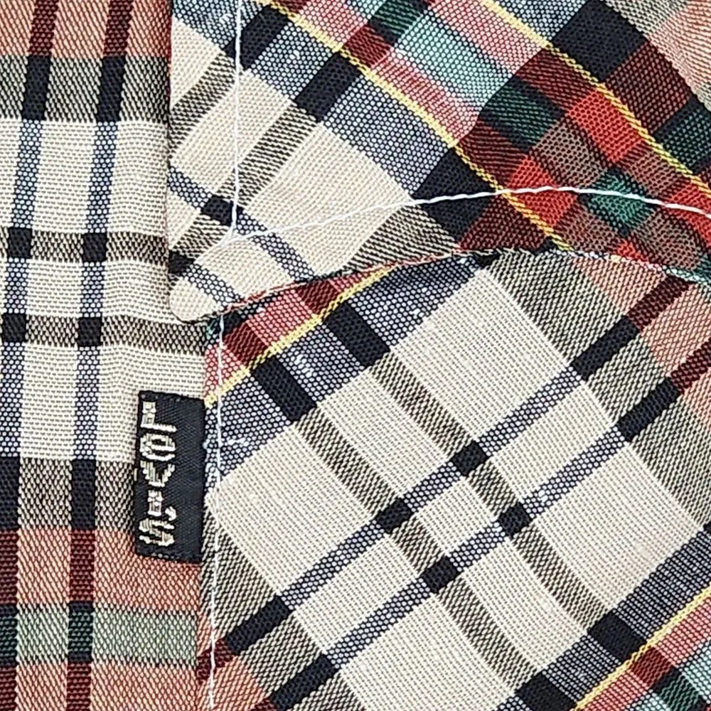Levis Large Vintage 1980 Olympic Games Red Plaid Button Up Shirt Black Gold Logo